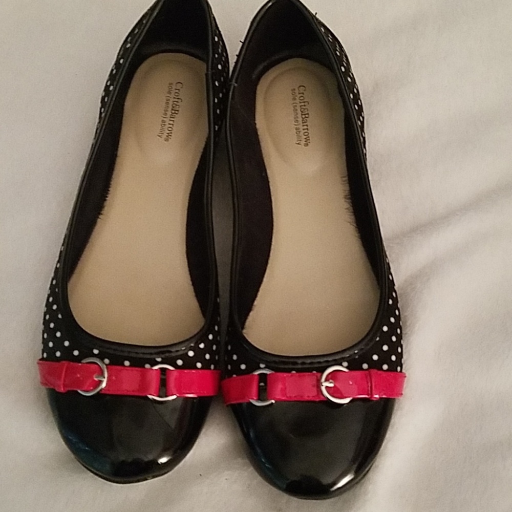 Black polka dot and red flats